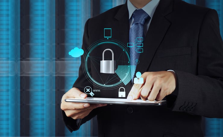 Businessman hand pointing to padlock on touch screen computer as Internet security online business concept