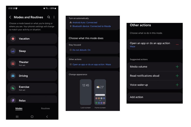 "A series of Android device screenshots illustrates step-by-step settings to create custom modes, helping users disconnect from work by silencing notifications and prioritizing personal time.