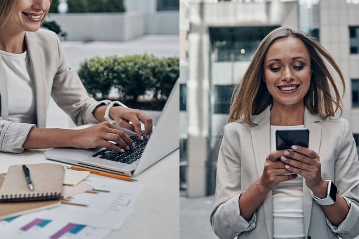 Two images show a female bank employee working on the go between client meeting locations in the city, staying connected to her team through calendaring and task management via work applications on her mobile device and laptop.