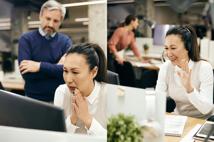 Two images show a female IT support specialist assisting a finance industry organization: first, collaborating with a colleague to troubleshoot a client-reported issue, and second, delivering immediate remote support via video call, highlighting the critical role of IT support in ensuring secure, seamless operations and rapid issue resolution in a fast-paced, high-stakes environment.