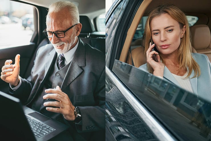 Two separate lawyers working remotely from a vehicle, participating in Microsoft Teams meetings, demonstrating productivity with reliable IT support from their firm.