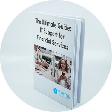 Booklet titled "The Ultimate Guide: IT Support for Financial Services" by IT consulting firm Synergy Technical.