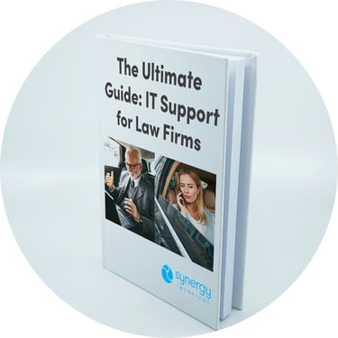 Booklet titled "The Ultimate Guide: IT Support for Law Firms" by IT consulting firm Synergy Technical.