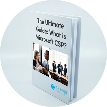 A booklet with two images depicts an organization meeting with an IT consulting firm in a conference room to explore Microsoft CSP Licensing, with the first image showing company executives and IT leaders discussing their cloud strategy, and the second image featuring a consultant presenting key benefits such as flexible subscription models, cost savings, and tailored support to help optimize their IT infrastructure.