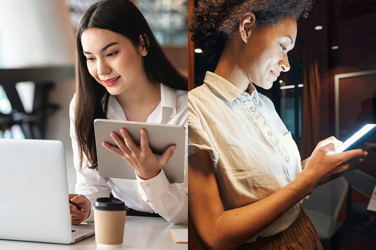 In two separate organizations, a female accountant uses her tablet and laptop to manage financial data, while a technology sales employee stays on schedule and communicates with clients using Outlook and Teams on her mobile device, both benefiting from their organizations’ partnership with a Microsoft CSP provider, which ensures cost-effective licensing, seamless access to essential work applications, and expert support to maximize productivity.