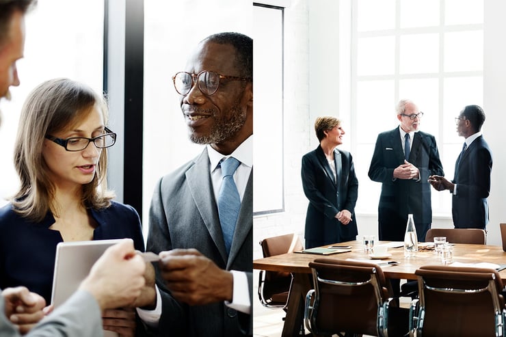 In the left image, a male employee collaborates with his team to refine a client presentation in Microsoft PowerPoint, while in the right image, he meets with the client and their representatives to discuss upcoming projects, both scenarios showcasing how their partnership with a Microsoft CSP ensures seamless access to Microsoft 365 applications, cost-effective licensing, and expert support to enhance collaboration and deliver impactful presentations.