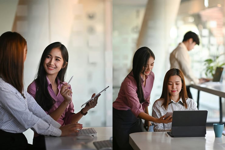 In the left image, a female marketing manager at an engineering firm guides a new team member through Microsoft 365 tools like SharePoint, Teams, and Outlook, all enabled by their organization’s partnership with a Microsoft CSP, while the right image reinforces how CSP licensing ensures seamless collaboration, access to the latest applications, expert support, and optimized licensing solutions that empower teams to work efficiently and stay connected.