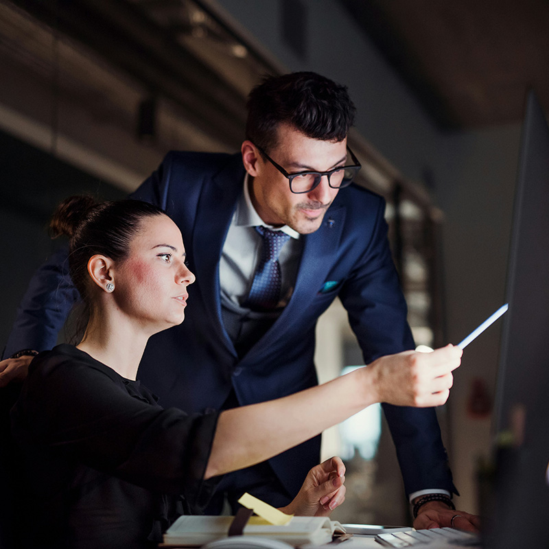 An employee presents Excel spreadsheets and key statistics to her director, seamlessly pulling data from a secure private app using Microsoft Entra Private Access, which ensures encrypted, identity-based access to critical business insights without exposing sensitive company resources.